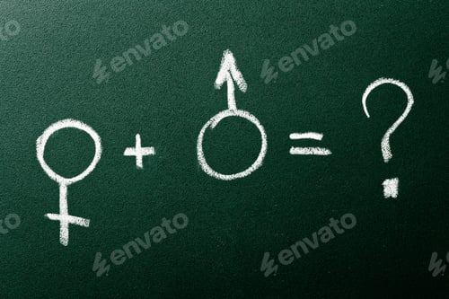 Preview: Question about male and female relation on green blackboard