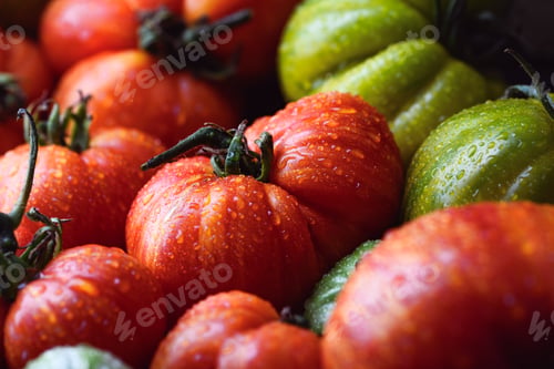 Preview: Close up of ripe organic tomatoes with water drops