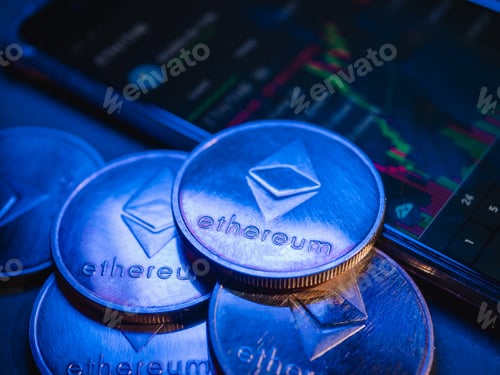 Preview: Ethereum coins with stock graph background. Digital currency concept.