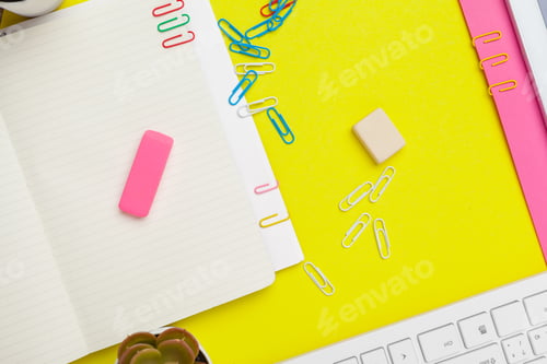 Preview: Table top view aerial image of accessories office desk background concept.Flat lay of variety object