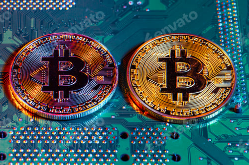 Preview: golden bitcoin and computer chip in background