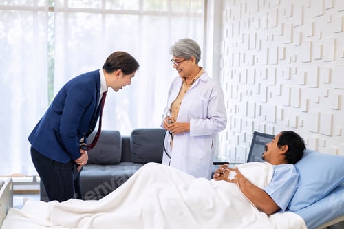 Preview: Hospital treatment room relative visit patient lay on bed doctor explain update illness condition