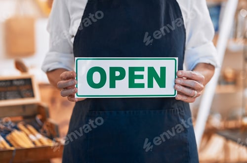 Preview: Closeup, open sign or small business woman, hands or retail store for shopping, service or product.
