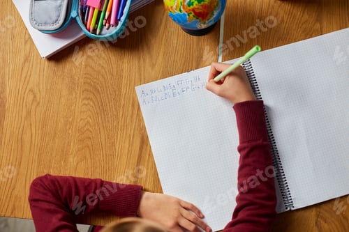 Preview: Focused schoolgirl sit at desk doing homework handwriting, homeschooling.