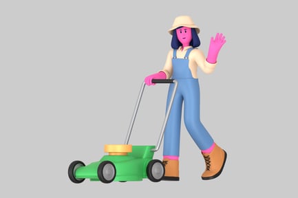 Visualização: Jardineiro de desenhos animados com ítem de cortador de grama