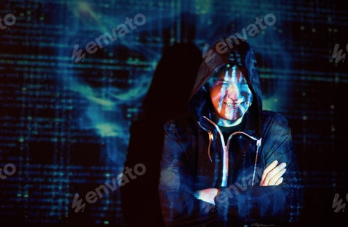 Preview: Cyber attack with unrecognizable hooded hacker using virtual reality, digital glitch effect