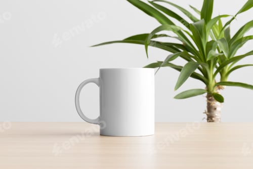 Preview: White mug mockup on the wooden table with a yucca plant.