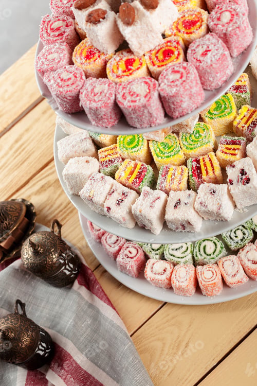 Preview: Turkish delight on a wooden table.