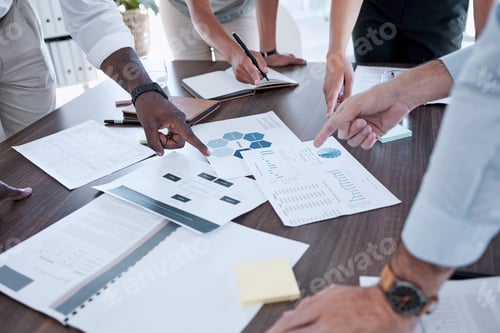 Preview: Financial, planning and hands of business people in meeting on chart, growth and graph in office. H