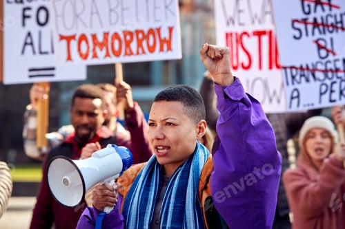 Preview: Group Of Protestors With Placards And Megaphone On Demonstration March For Gender Equality
