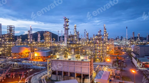 Preview: Aerial view oil and gas refinery plant at night, Global business energy logistic transportation