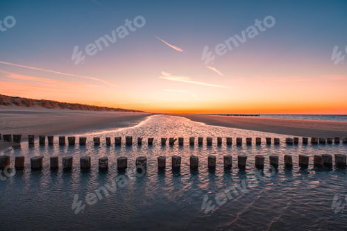 Preview: Beautiful view of logs of wood in the water on the beach captured in Oostkapelle, Netherlands