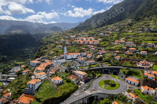 Preview: Townscape of small village of Faial in Madeira Island, Portugal. Aerial drone view.