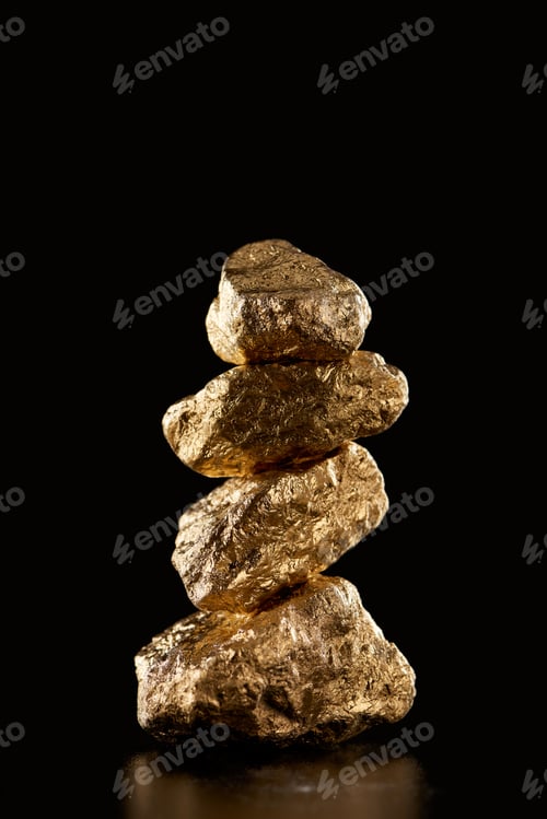 Preview: four golden shiny stones isolated on black with copy space