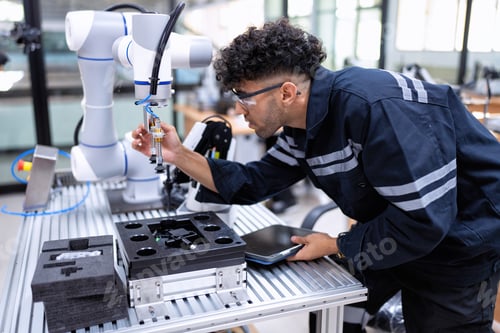 Preview: Engineer sitting in robot fabrication room quality checking robot arm hardware engineering