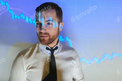 Preview: Stock Market Trader Working Investment Charts, Graphs, Ticker, Diagrams Projected