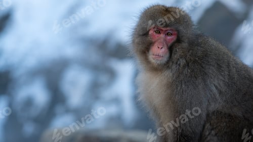 Preview: Snow monkey Japanese macaque of red face portrait walking in cold snow Japan