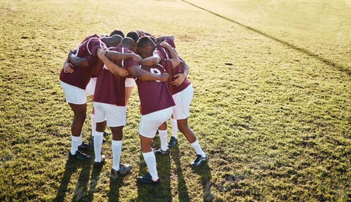Preview: Man, huddle and team on grass field for sports motivation, coordination or collaboration in the out