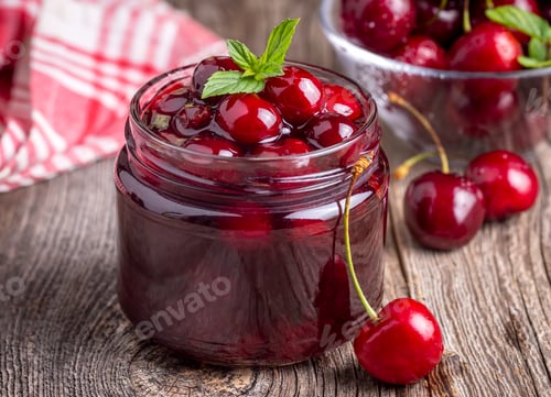 Preview: Jars with freshly homemade cherry jam, sour cherry jam, Turkish name; Visne receli