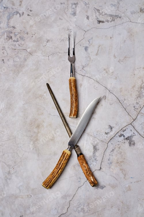 Preview: Top view at knife, fork and sharpener