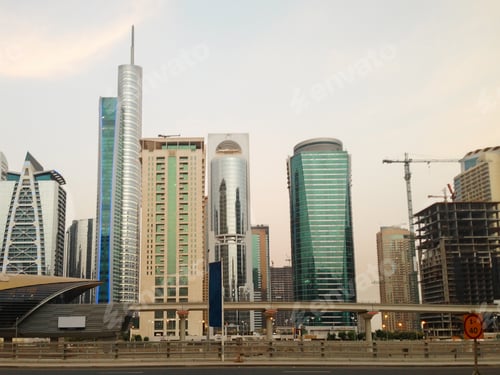 Preview: Dubai Marina Evening Misty Cityscape With Modern Skyscrapers Architecture