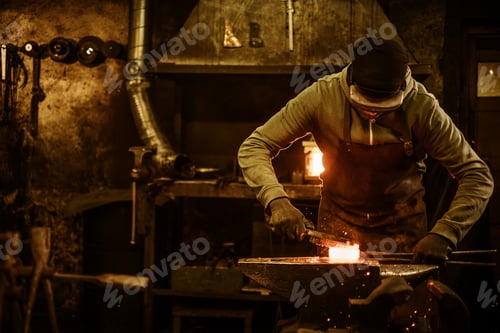 Preview: Blacksmith with brush handles the molten metal on the anvil in smithy