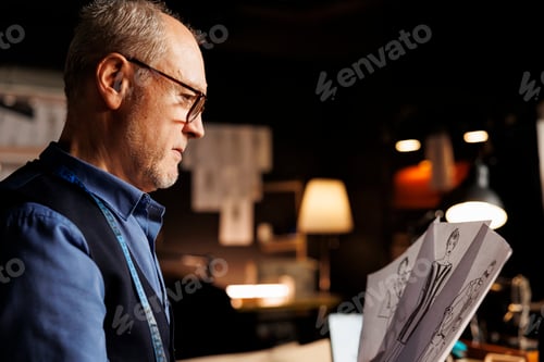 Preview: Close up of suitmaker comparing sketches