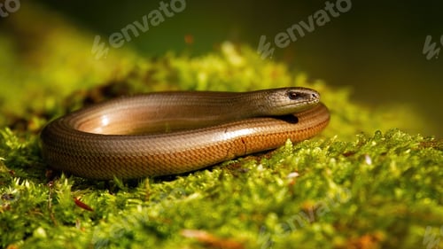 Preview: Inactive slowworm basking in summer nature on green moss