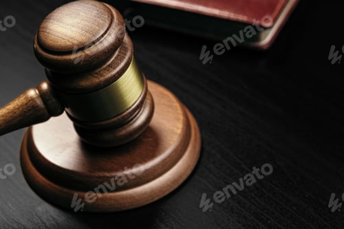 Preview: Judge's gavel on wooden table in dark