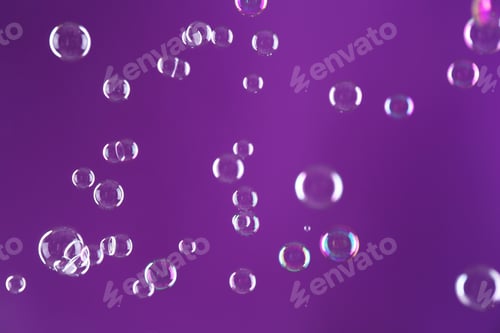 Preview: Beautiful transparent soap bubbles on purple background