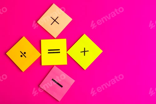 Preview: front view different signs on colorful stickers on purple desk math color science calculation photo