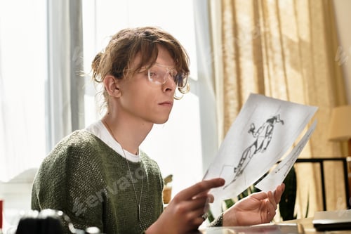 Preview: Young man studying at home while focusing on sketches during a quiet afternoon