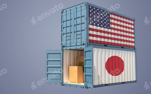 Preview: Two freight container with Japan and USA flag