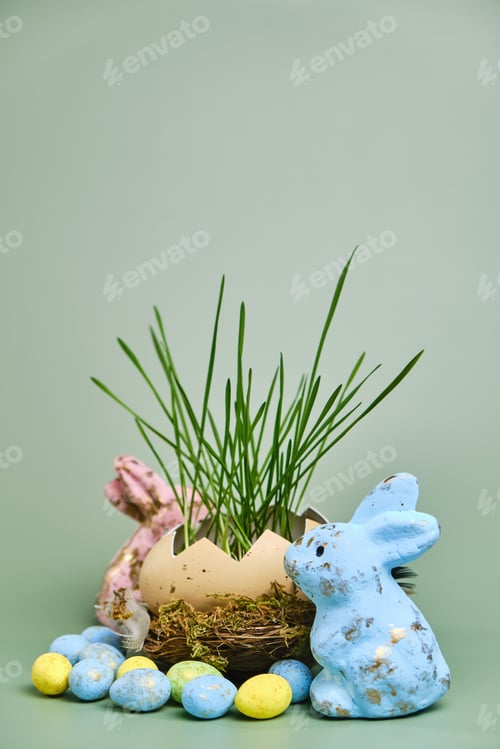 Preview: Happy easter day on april, Easter eggs and candy bunny