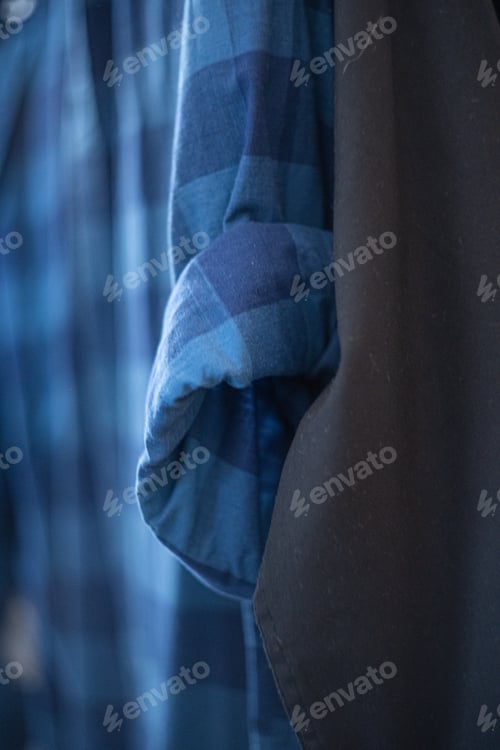 Preview: Blue Checkered Shirt with Black Fabric Close-Up
