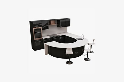 Preview: Kitchen with black cabinetry and island seating