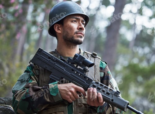 Preview: Veteran, army and man with gun for forest training, outdoor shooting range and military mission, se