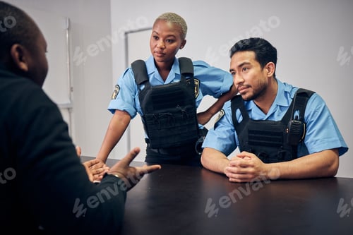Preview: Interrogation, investigation and police team with a suspect for questions as law enforcement office