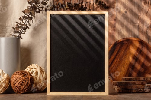 Preview: blank blackboard frame with kitchenware on wood table with sunlight