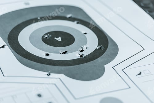 Preview: used gun target with holes after bullets in shooting range
