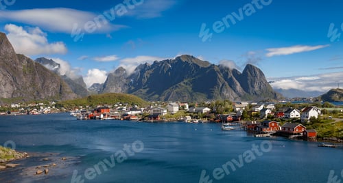 Preview: Amazing landscape town of Reine of the Lofoten Islands with blue sky , county of Nordland, Norway.