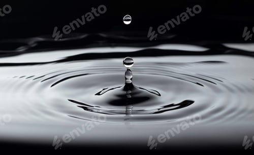 Preview: Grayscale shot of a water drop falling into the water making a perfect droplet splash.