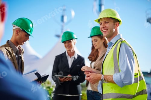 Preview: Business partners having a meeting with wind turbine engineer