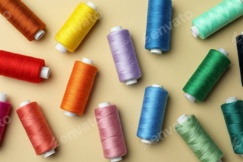 Preview: Flat lay composition with colorful sewing threads on beige background