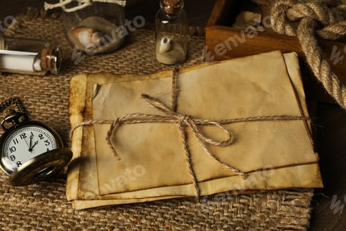 Preview: Columbus Day. A pocket watch with a stack of old letters