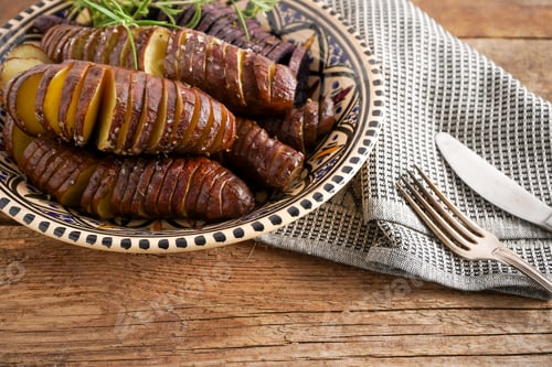 Preview: Sweet potato - sweet potato tubers cooked in a pan. Fried and baked with spices and salt. Cut into