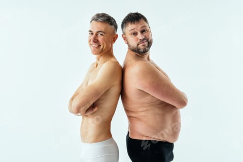 Preview: two multiethnic men posing for a male edition body positive beauty set