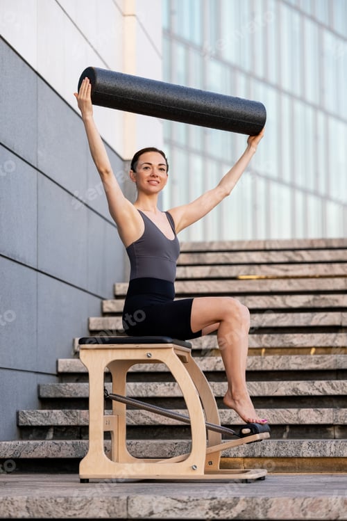 Preview: combo wunda pilates chair woman instructor fitness yoga gym exercise. Copy space