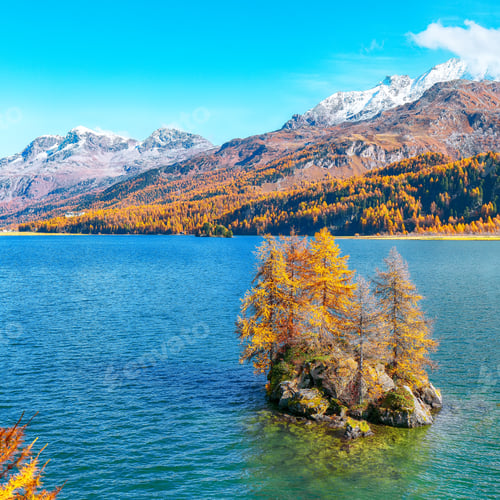 Preview: Picturesque autumn views of Sils Lake (Silsersee) with small islands