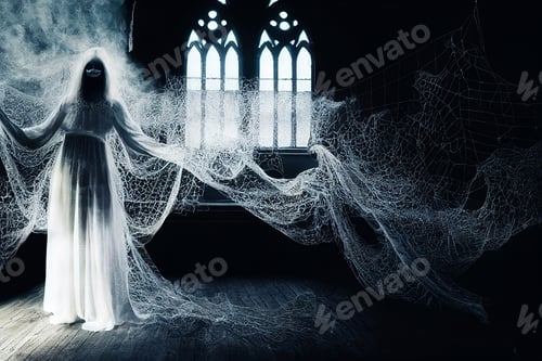 Preview: ethereal ghost woman in abandoned building Halloween scene